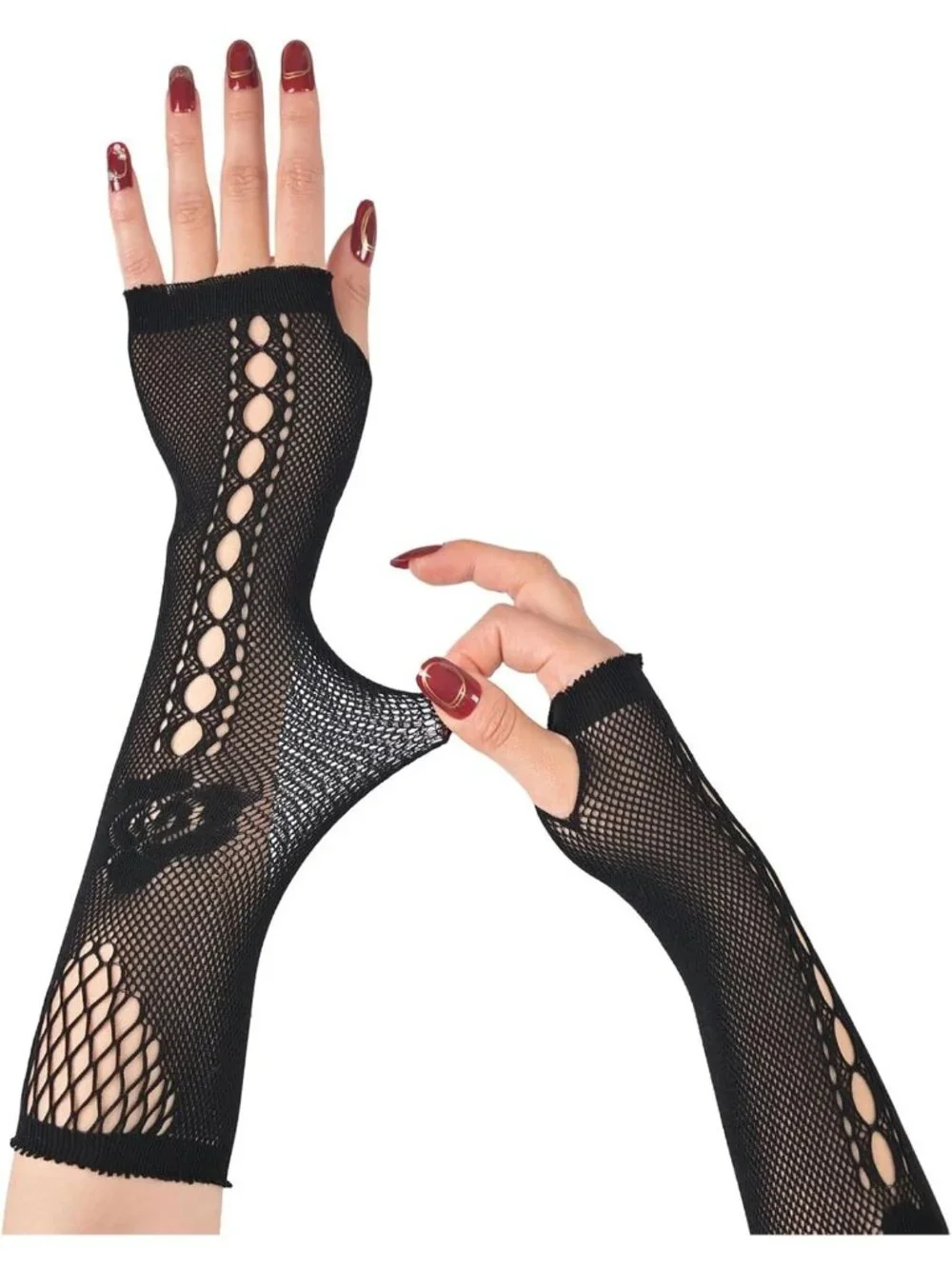 Women's Black Long Rose Pattern Fishnet Fingerless Gothic Cosplay Gloves
